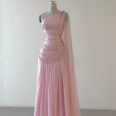 Vintage one shoulder pink chiffon floor length prom dresses formal evening dress - Thumbnail 1