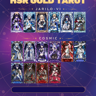 (custom 6) honkai star rail and genshin fanmade gold tarot cards