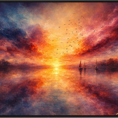 Vibrant sunset sailboats seascape wall art print