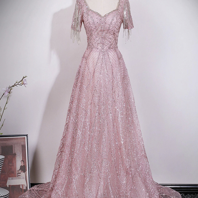 Pink tulle sequins long a-line prom party dress