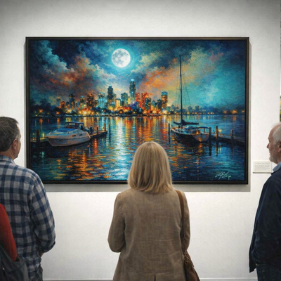Moonlit city skyline waterfront wall art print 36x24