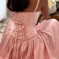 Charming A Line Straps Pink Satin Floor Length Prom Dresses - Thumbnail 2