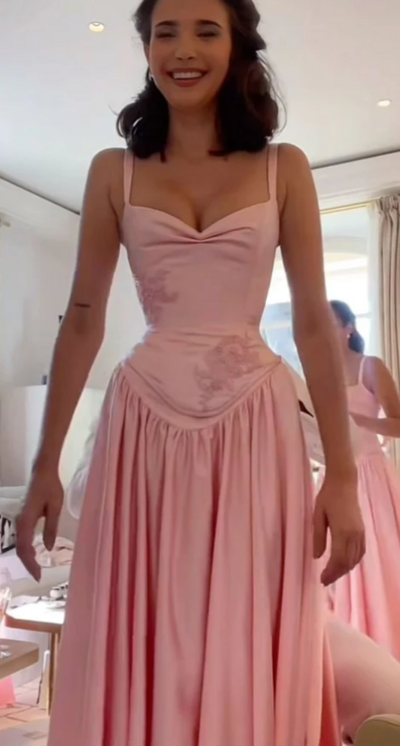 Charming A Line Straps Pink Satin Floor Length Prom Dresses