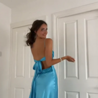 A Line Spaghetti Straps Blue Long Prom Dresses Evening Gowns With Bow - Thumbnail 2