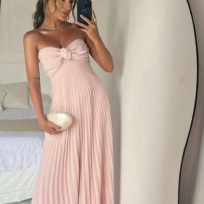 Strapless a line light pink ruffles chiffon prom dresses formal evening dresses