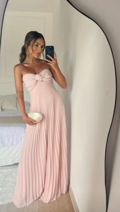Strapless A Line Light Pink Ruffles Chiffon Prom Dresses Formal Evening Dresses
