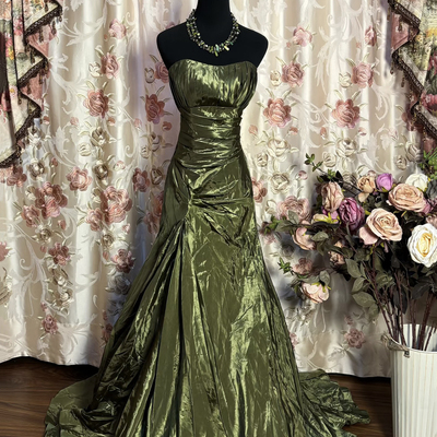 Olive green taffeta mermaid evening gown strapless ruched formal dress with train