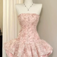 Strapless Pink Satin Lace Short Homecoming Dresses - Thumbnail 1