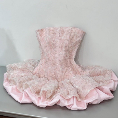 Strapless pink satin lace short homecoming dresses