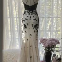 Spaghetti Strap Sheath Long Prom Dress Formal Evening Dress With Lace Applique  - Thumbnail 1