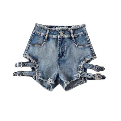 Rocker side cut-outs high-waisted denim shorts