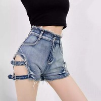 Rocker side cut-outs high-waisted denim shorts - Thumbnail 1