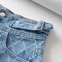High Waist Argyle Denim Shorts - Thumbnail 5