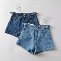 High Waist Argyle Denim Shorts - Thumbnail 2