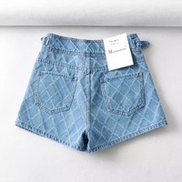 High Waist Argyle Denim Shorts - Thumbnail 4
