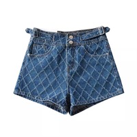 High Waist Argyle Denim Shorts - Thumbnail 1