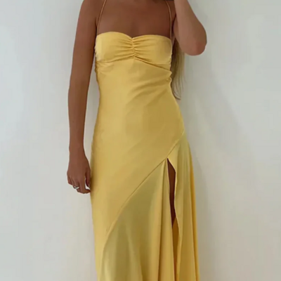 Spaghetti straps a-line satin yellow prom dress with slit