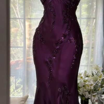 Luxury wine red bead embroidered chiffon long evening dress