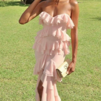 Sexy Strapless Chiffon Fitted Ruffle Split Prom Dresses - Thumbnail 1