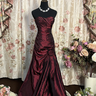 Burgundy prom dress, strapless taffeta evening gown, mermaid formal dress