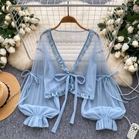 Sheer lace-trimmed mesh cover-up shrug - Thumbnail 1