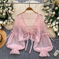 Sheer lace-trimmed mesh cover-up shrug - Thumbnail 2