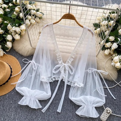 Sheer lace-trimmed mesh cover-up shrug