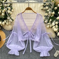 Sheer lace-trimmed mesh cover-up shrug - Thumbnail 5