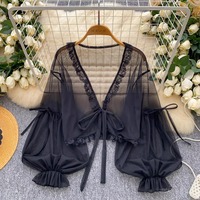 Sheer lace-trimmed mesh cover-up shrug - Thumbnail 4