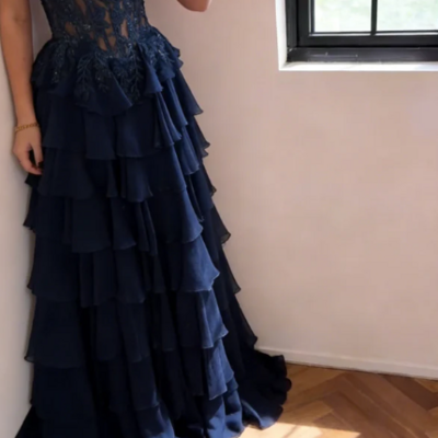 Gorgeous navy blue chiffon layered long prom dress with lace appliques - Thumbnail 1