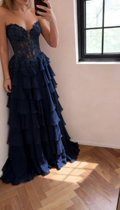 Gorgeous Navy Blue Chiffon Layered Long Prom Dress With Lace Appliques