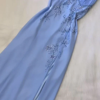 Elegant blue halter a line long beading prom dress formal evening dresses