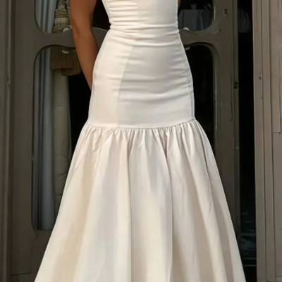 Pretty tea length ivory party dress long satin evening dresses