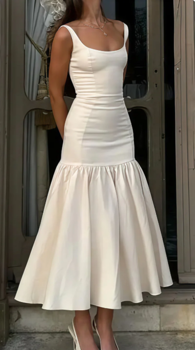 Pretty Tea Length Ivory Party Dress Long Satin Evening Dresses