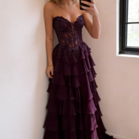 Gorgeous Navy Blue Chiffon Layered Long Prom Dress With Lace Appliques - Thumbnail 1