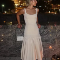 Pretty Tea Length Ivory Party Dress Long Satin Evening Dresses - Thumbnail 1