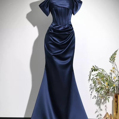 Navy satin long prom party dress