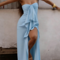 Elegant Strapless Ruffle Chiffon Prom Dress With High Slit - Thumbnail 2