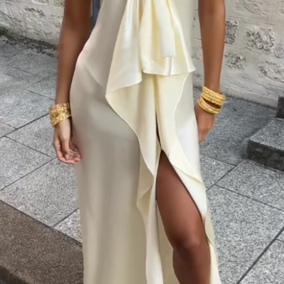 Elegant strapless ruffle chiffon prom dress with high slit