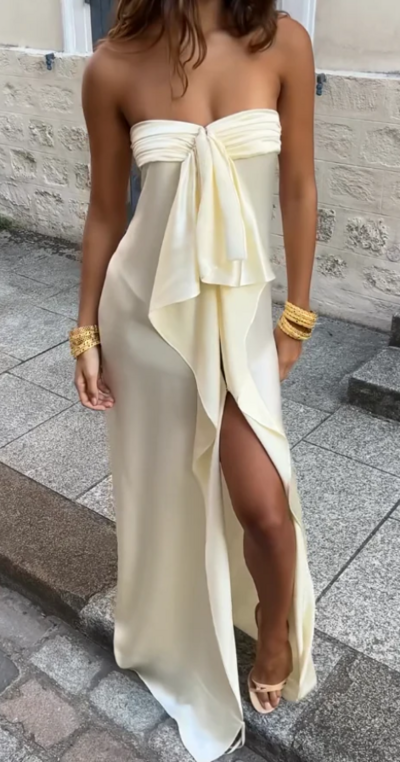 Elegant Strapless Ruffle Chiffon Prom Dress With High Slit