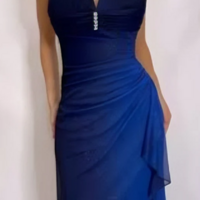 Halter Sheath Dark Blue Chiffon Long Party Dress Formal Evening Dress - Thumbnail 1