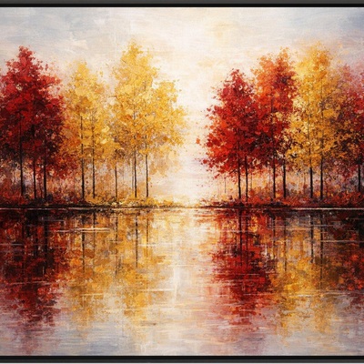 Red orange fall trees landscape art print 36x24