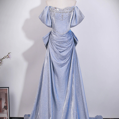 A-line off-the-shoulder short sleeve backless bow sweep train formal dresses
