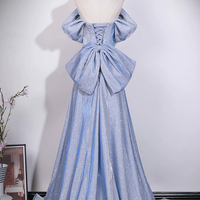 A-Line Off-The-Shoulder Short Sleeve Backless Bow Sweep Train Formal Dresses - Thumbnail 2