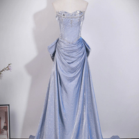 A-Line Off-The-Shoulder Short Sleeve Backless Bow Sweep Train Formal Dresses - Thumbnail 3