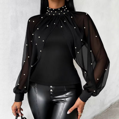 Elegant temperament black chiffon splicing tops