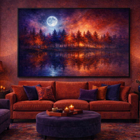 Moonlit Forest Reflection Landscape Art Print - Thumbnail 1