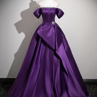 Purple satin long a-line prom party gown