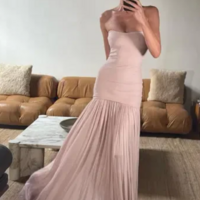 Beautiful Strapless Pink Long Chiffon Prom Dress For Women - Thumbnail 1