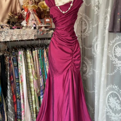 Vintage floor length hot pink satin formal evening dresses
